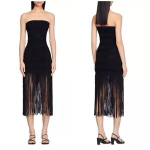 NWT Sandro Maldives Knit Fringe Strapless Dress Black Tight Bodycon Sz 40